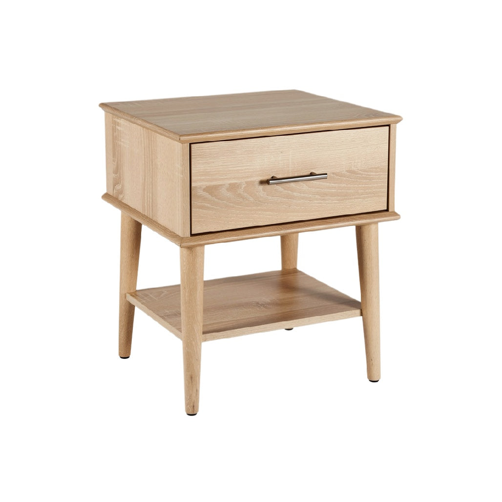 Scandinavian-Style Wooden Nightstand with Drawer and Open Shelf